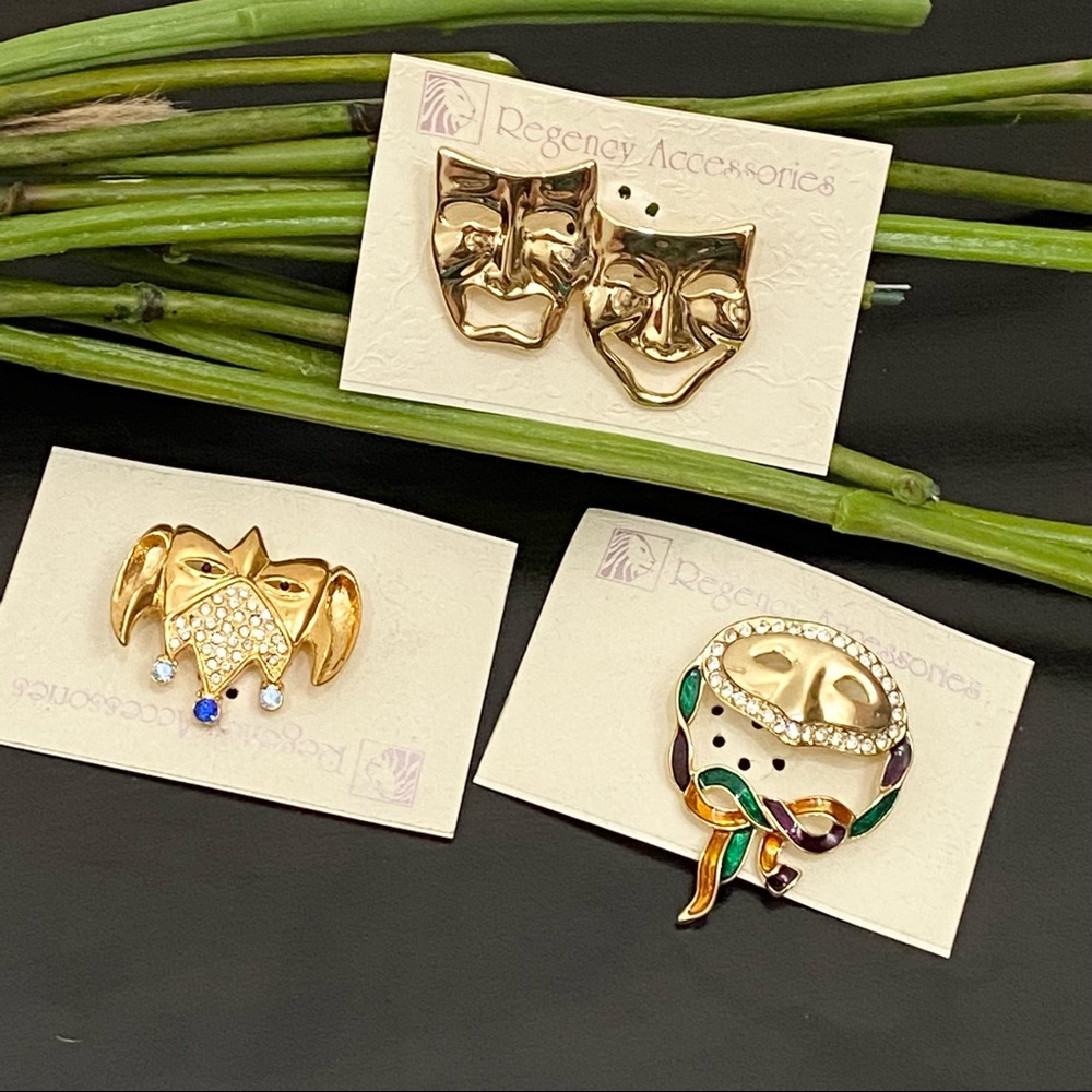 Lot 3 Clown Comedy Tragedy Mardigras Masquerade Masks Pin Brooch NOS